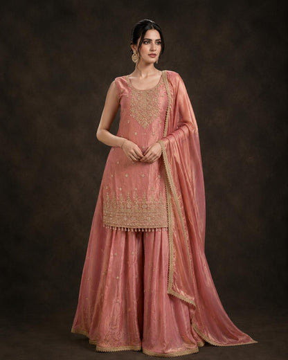 Dusty Rose Tissue Silk Embroidered Kurti Palazzo Set