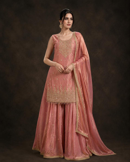 Dusty Rose Tissue Silk Embroidered Kurti Palazzo Set