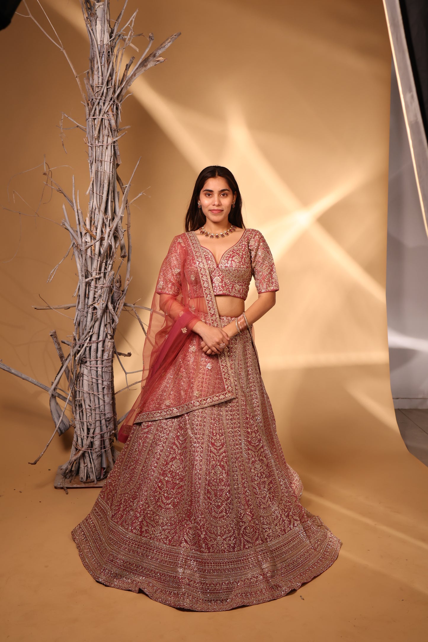 Dusty Rose & Gold Heavy Zari Embroidered Bridal Lehenga Choli