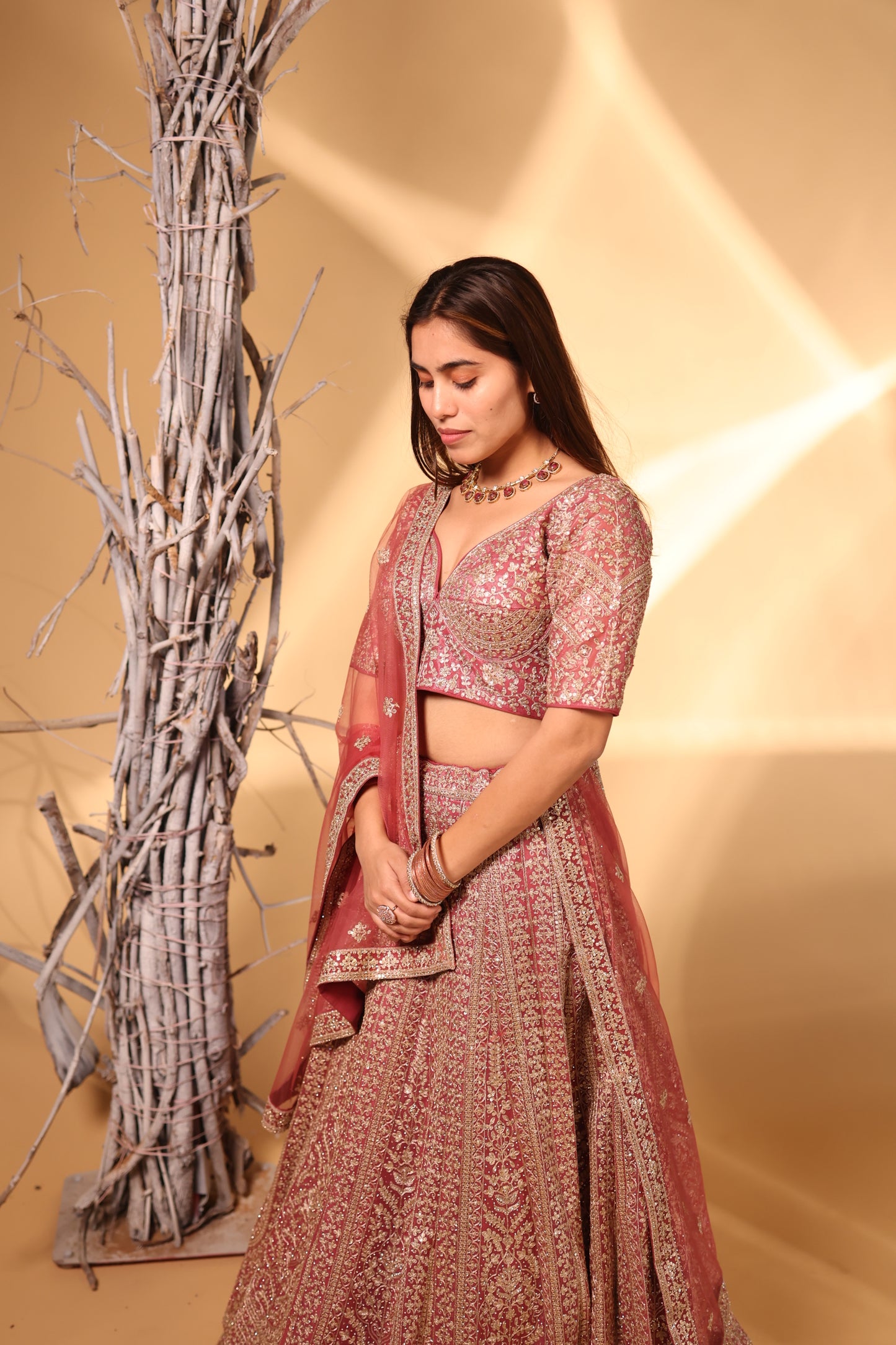 Dusty Rose & Gold Heavy Zari Embroidered Bridal Lehenga Choli