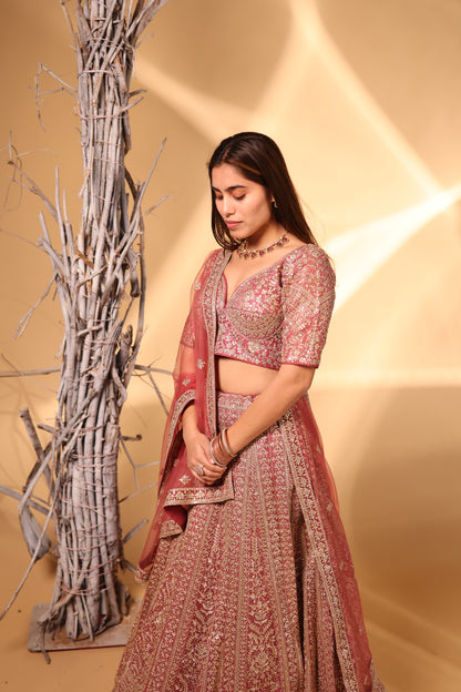 Dusty Rose & Gold Heavy Zari Embroidered Bridal Lehenga Choli