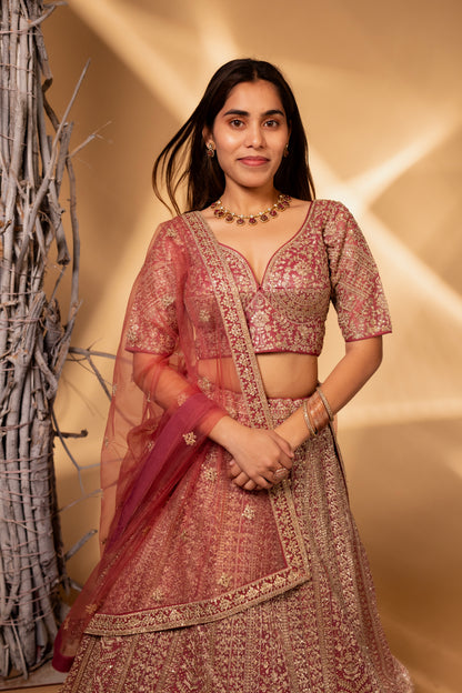 Dusty Rose & Gold Heavy Zari Embroidered Bridal Lehenga Choli