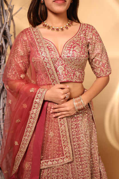 Dusty Rose & Gold Heavy Zari Embroidered Bridal Lehenga Choli