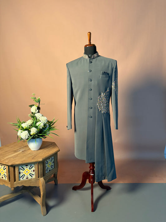 Dusty Teal Asymmetric Indo-Western with Hand Embellished Details