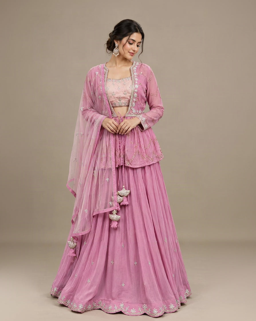 Dusty Pink Embroidered Sharara Suit Set with Peplum Jacket, Sequins, Gota Patti & Tassel Details | Festive & Wedding Wear