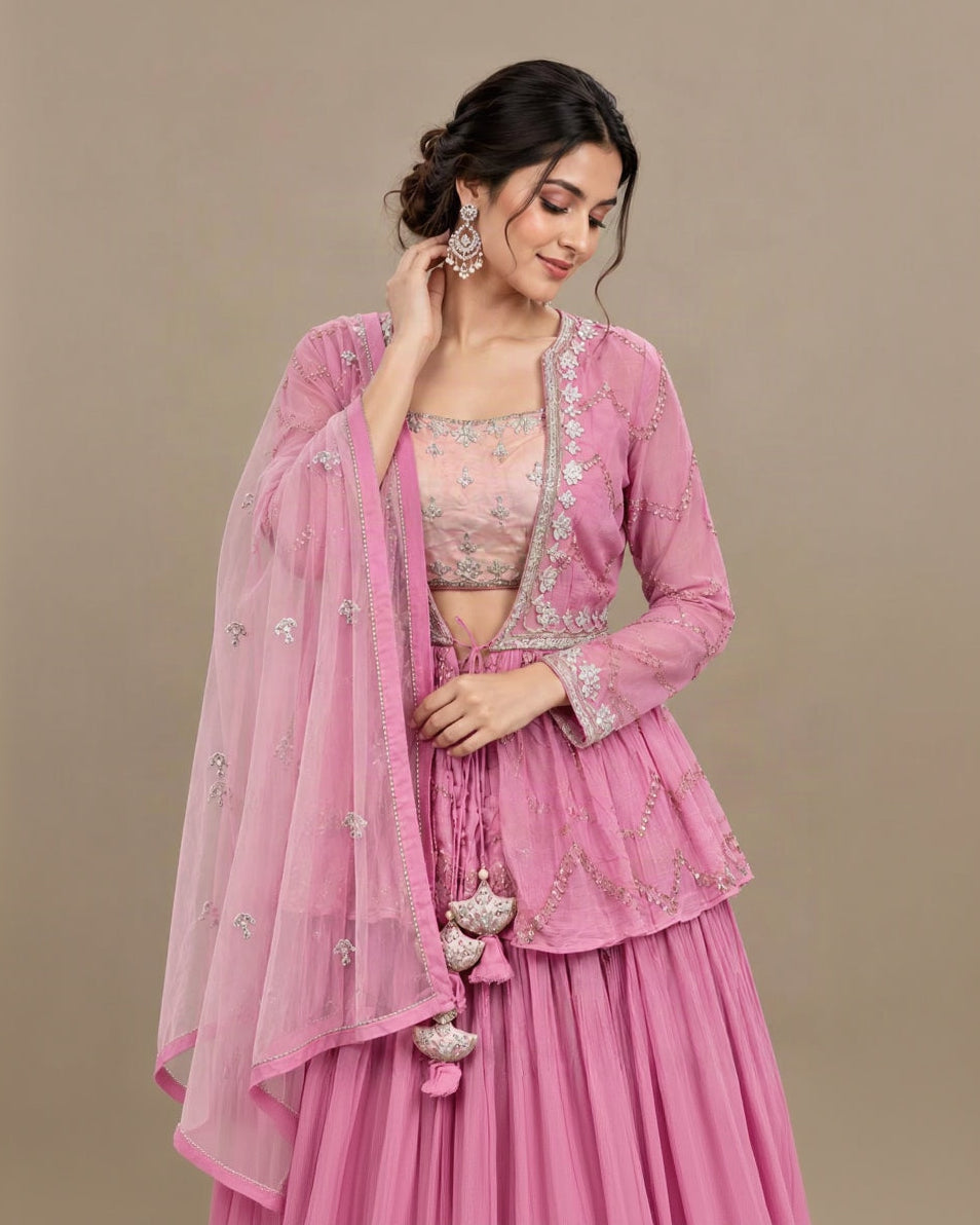Dusty Pink Embroidered Sharara Suit Set with Peplum Jacket, Sequins, Gota Patti & Tassel Details | Festive & Wedding Wear