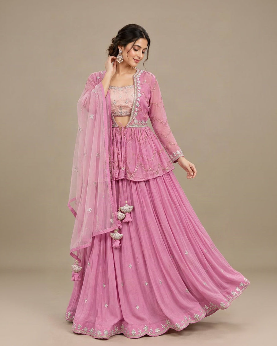 Dusty Pink Embroidered Sharara Suit Set with Peplum Jacket, Sequins, Gota Patti & Tassel Details | Festive & Wedding Wear