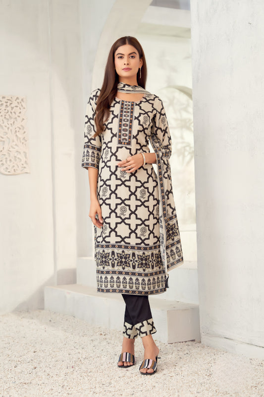 Elegant Cream & Black Printed Cotton Suit with Geometric Motif