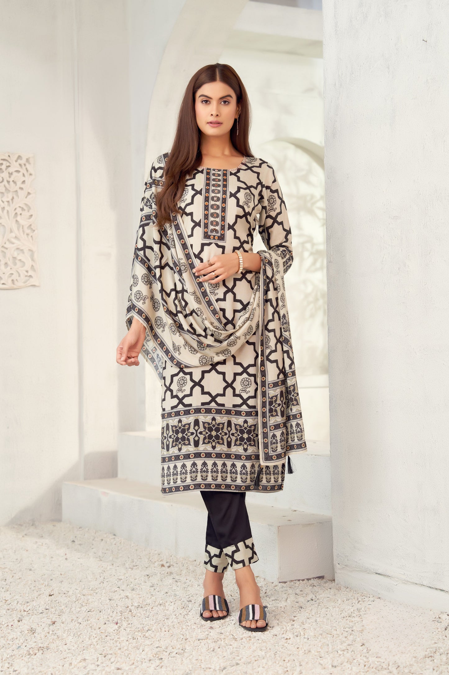 Elegant Cream & Black Printed Cotton Suit with Geometric Motif
