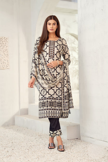 Elegant Cream & Black Printed Cotton Suit with Geometric Motif