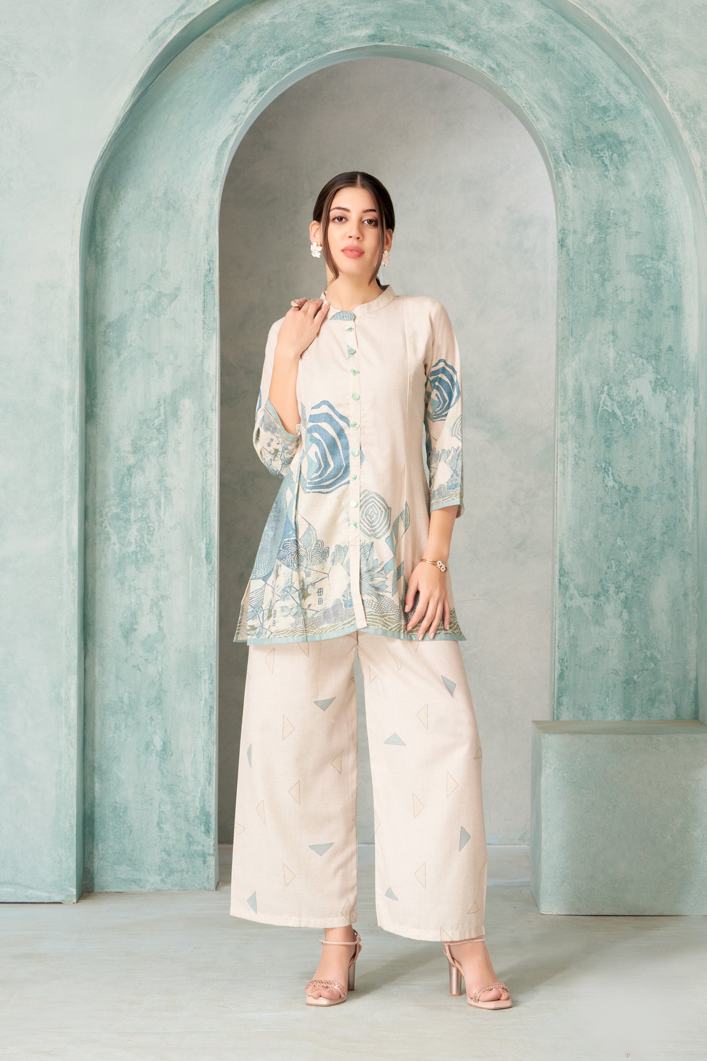 Elegant Cream & Teal Printed Co-ord Set with Artistic Floral Detailing