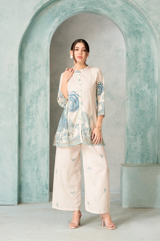 Elegant Cream & Teal Printed Co-ord Set with Artistic Floral Detailing