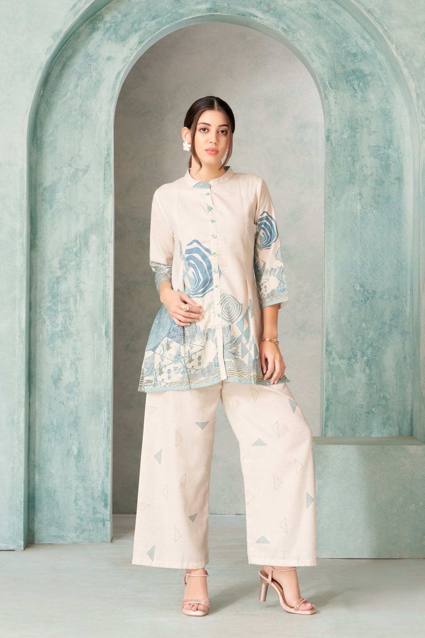 Elegant Cream & Teal Printed Co-ord Set with Artistic Floral Detailing