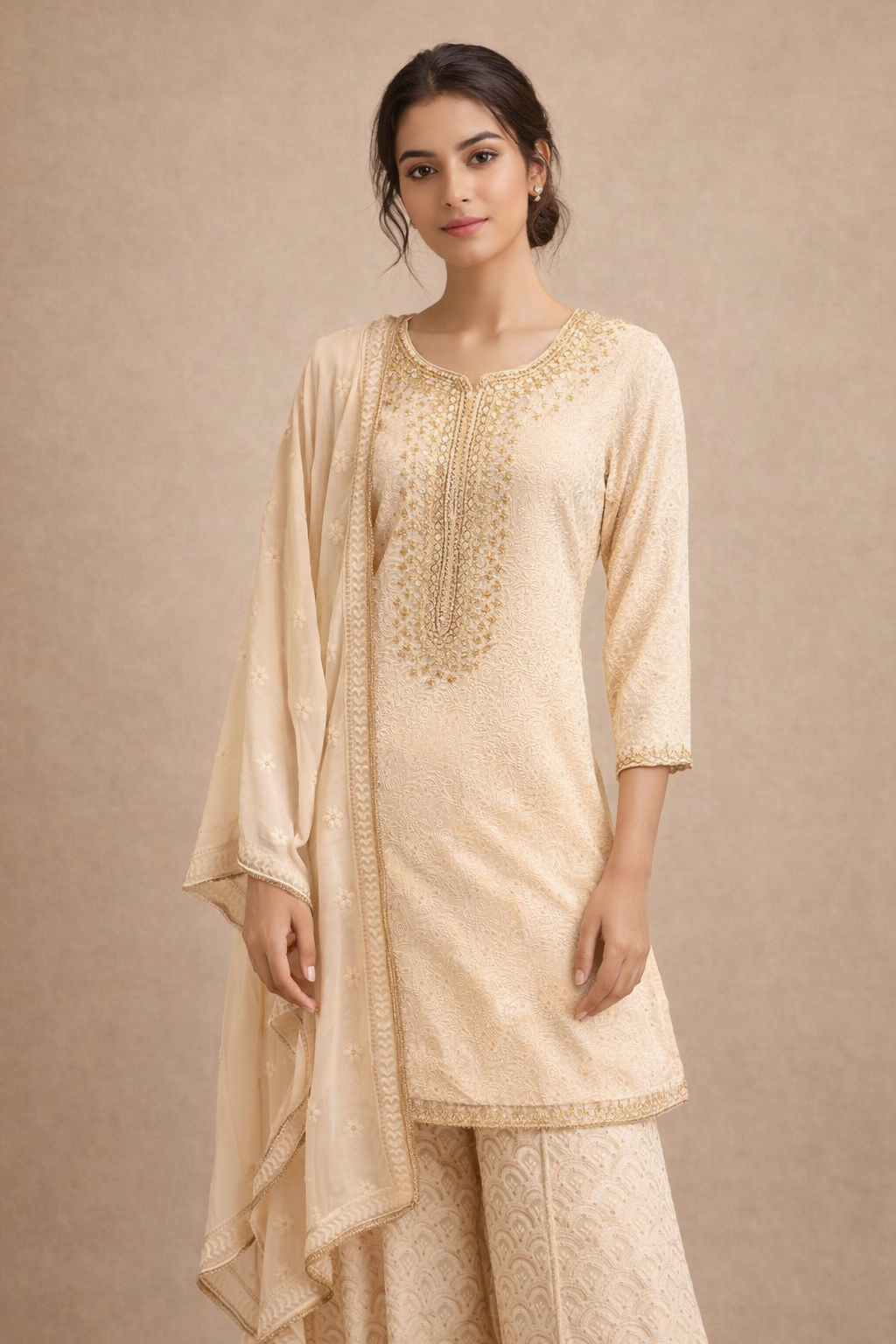 Elegant Cream and Gold Embroidered Kurta Sharara Set with Dupatta