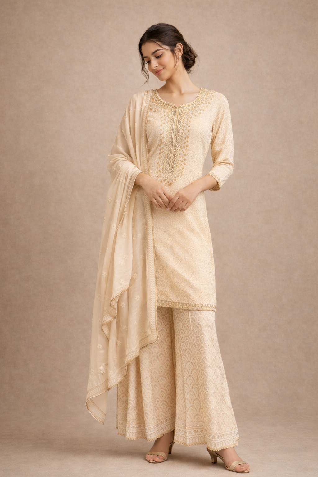 Elegant Cream and Gold Embroidered Kurta Sharara Set with Dupatta