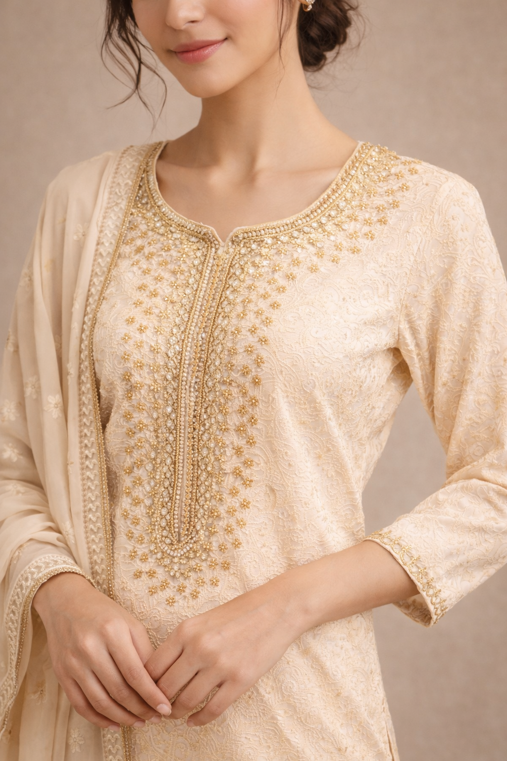Elegant Cream and Gold Embroidered Kurta Sharara Set with Dupatta