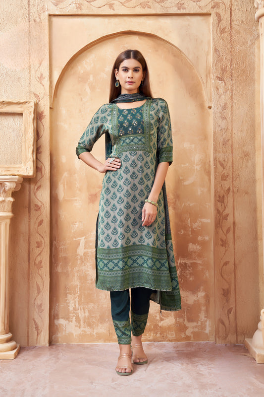 Elegant Green Printed Cotton Suit with Mirror Work Yoke