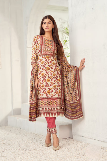 Elegant Maroon & Beige Floral Printed Cotton Suit with Embroidered Accents