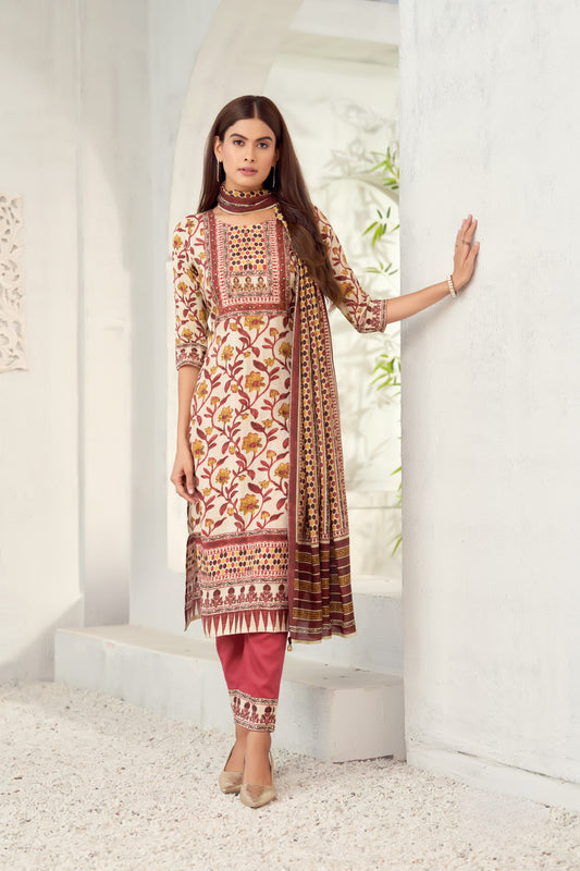 Elegant Maroon & Beige Floral Printed Cotton Suit with Embroidered Accents