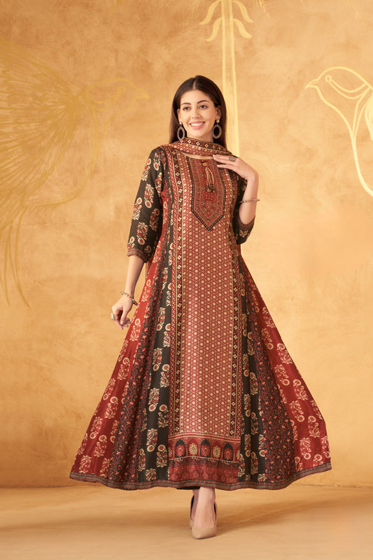 Elegant Maroon and Black Anarkali Suit with Intricate Block Print Design