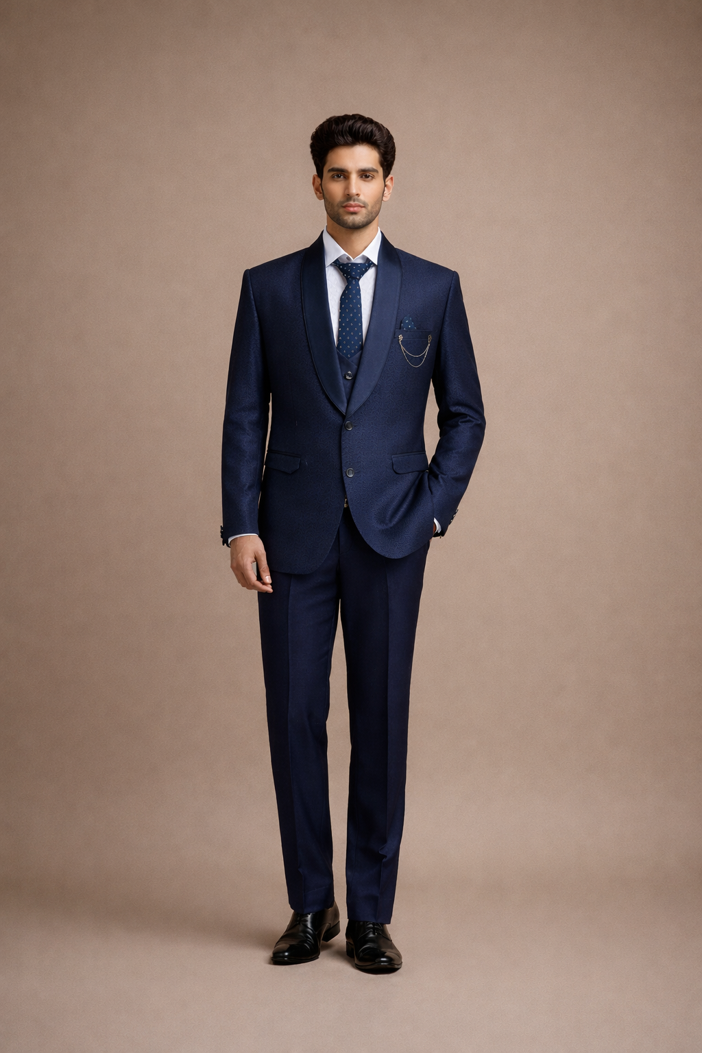 Elegant Navy Blue Self-Textured Men’s Tuxedo Set