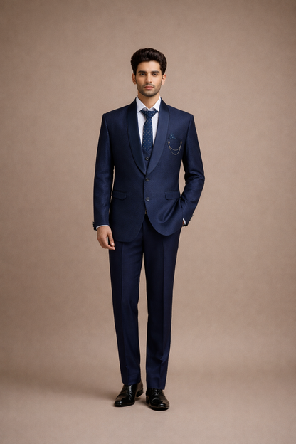 Elegant Navy Blue Self-Textured Men’s Tuxedo Set