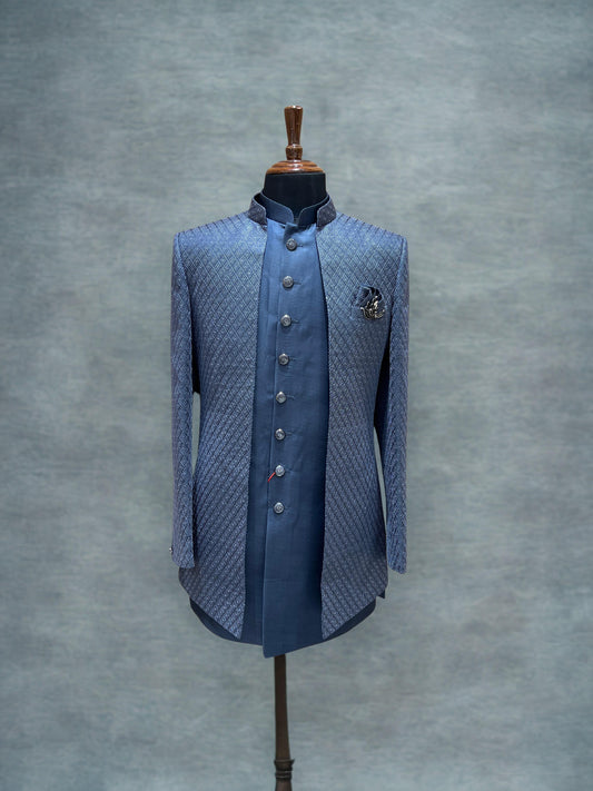 Elegant Navy Blue Textured Indo Western