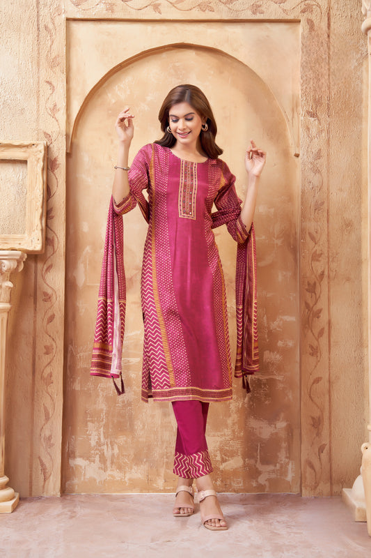 Elegant Wine Cotton Suit with Chevron & Ethnic Print Detailing