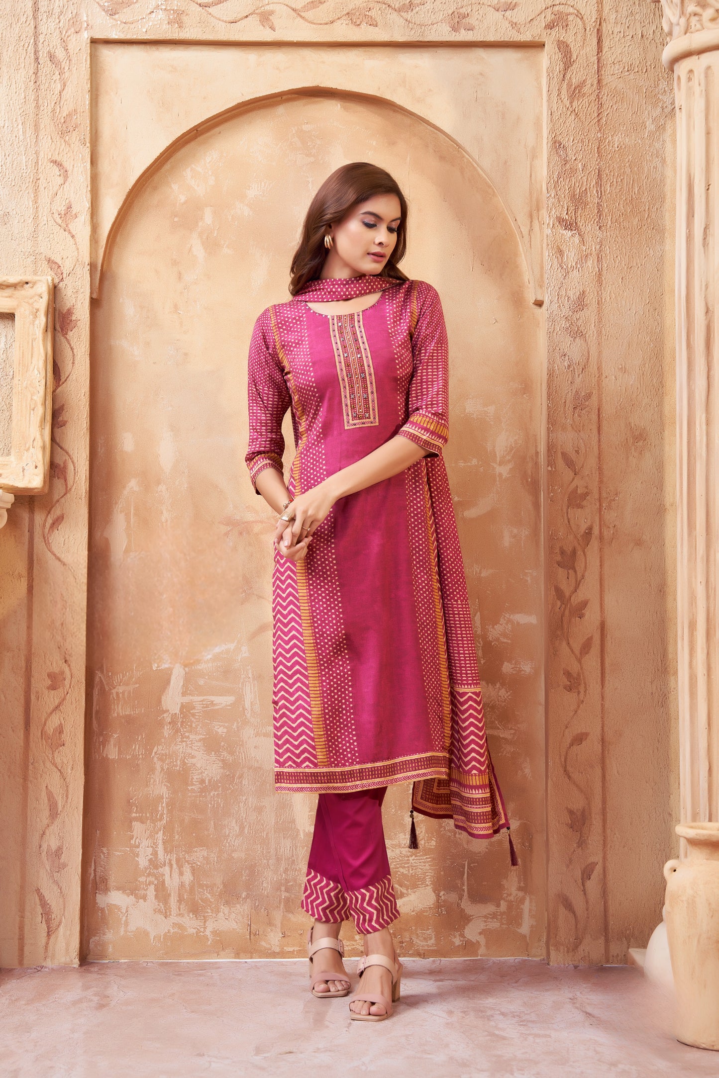 Elegant Wine Cotton Suit with Chevron & Ethnic Print Detailing