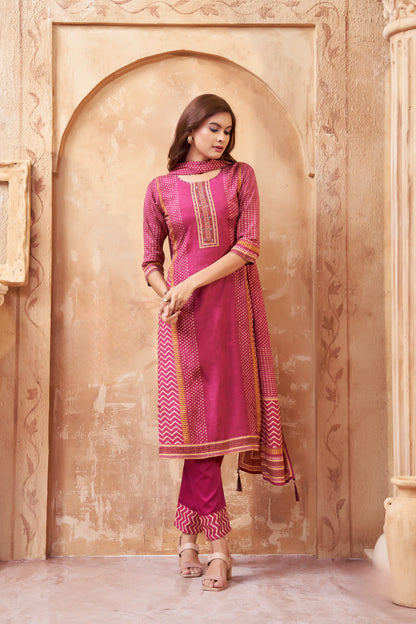 Elegant Wine Cotton Suit with Chevron & Ethnic Print Detailing