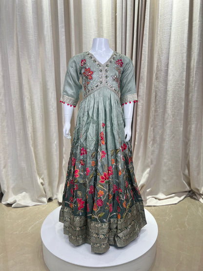 Embroidered Olive Green Anarkali Gown for Girls
