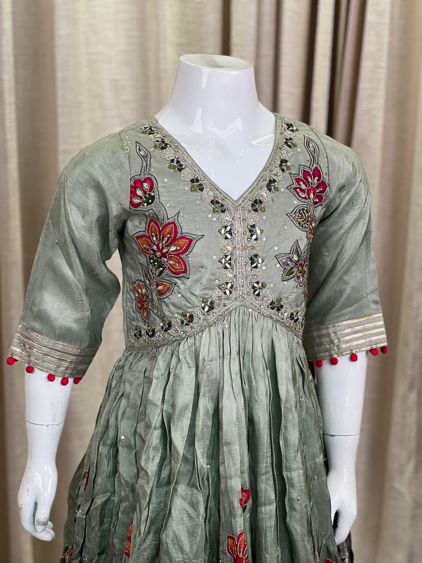 Embroidered Olive Green Anarkali Gown for Girls
