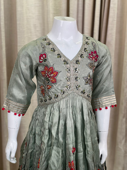 Embroidered Olive Green Anarkali Gown for Girls