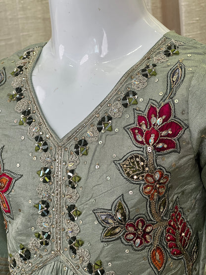 Embroidered Olive Green Anarkali Gown for Girls