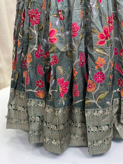 Embroidered Olive Green Anarkali Gown for Girls