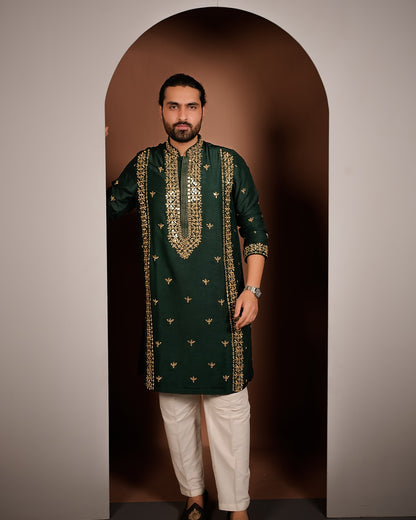 Emerald Green Silk Kurta with Golden Embroidery & Mirror Work