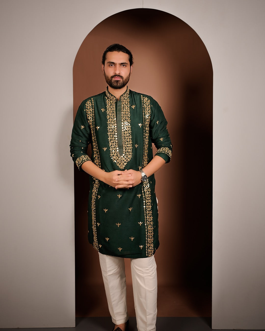 Emerald Green Silk Kurta with Golden Embroidery & Mirror Work