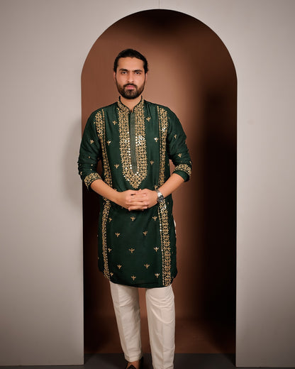 Emerald Green Silk Kurta with Golden Embroidery & Mirror Work