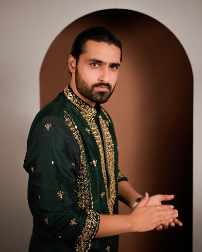 Emerald Green Silk Kurta with Golden Embroidery & Mirror Work