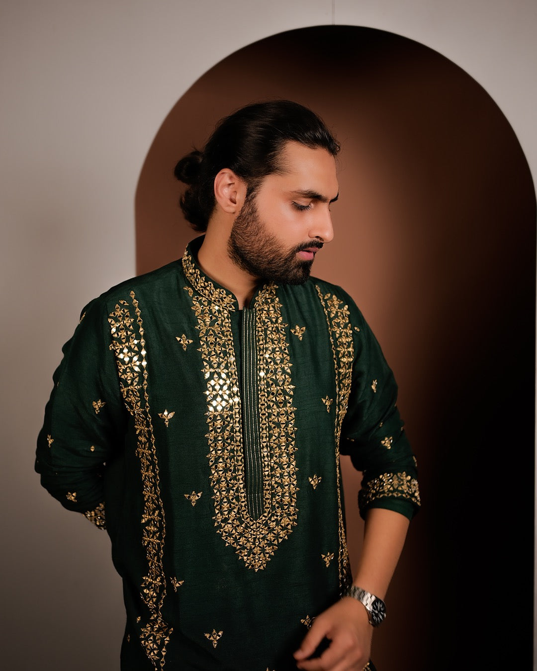 Emerald Green Silk Kurta with Golden Embroidery & Mirror Work