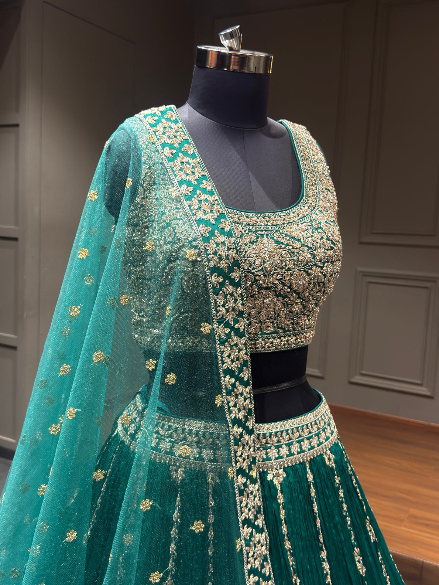 Emerald Green Zari Embroidered Festive Lehenga Choli with Net Dupatta