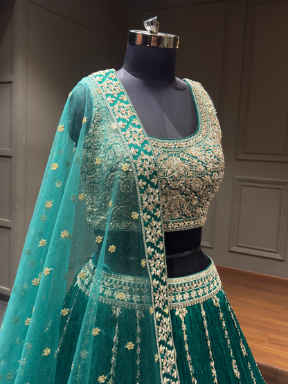 Emerald Green Zari Embroidered Festive Lehenga Choli with Net Dupatta