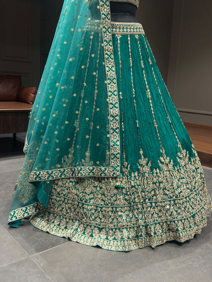 Emerald Green Zari Embroidered Festive Lehenga Choli with Net Dupatta