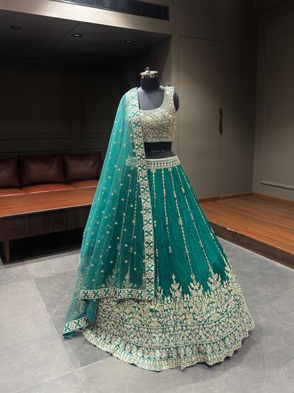 Emerald Green Zari Embroidered Festive Lehenga Choli with Net Dupatta