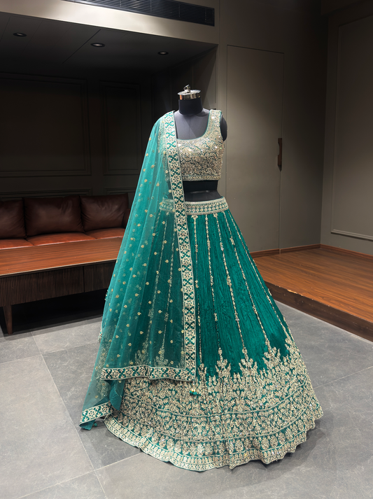 Emerald Green Zari Embroidered Festive Lehenga Choli with Net Dupatta