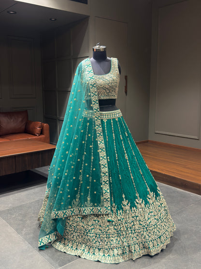 Emerald Green Zari Embroidered Festive Lehenga Choli with Net Dupatta
