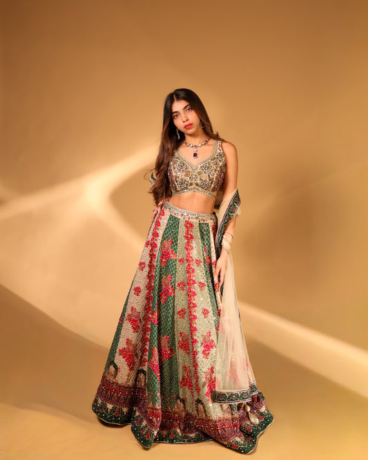 Emerald Green & Ivory Floral Mirror-Work Lehenga Choli