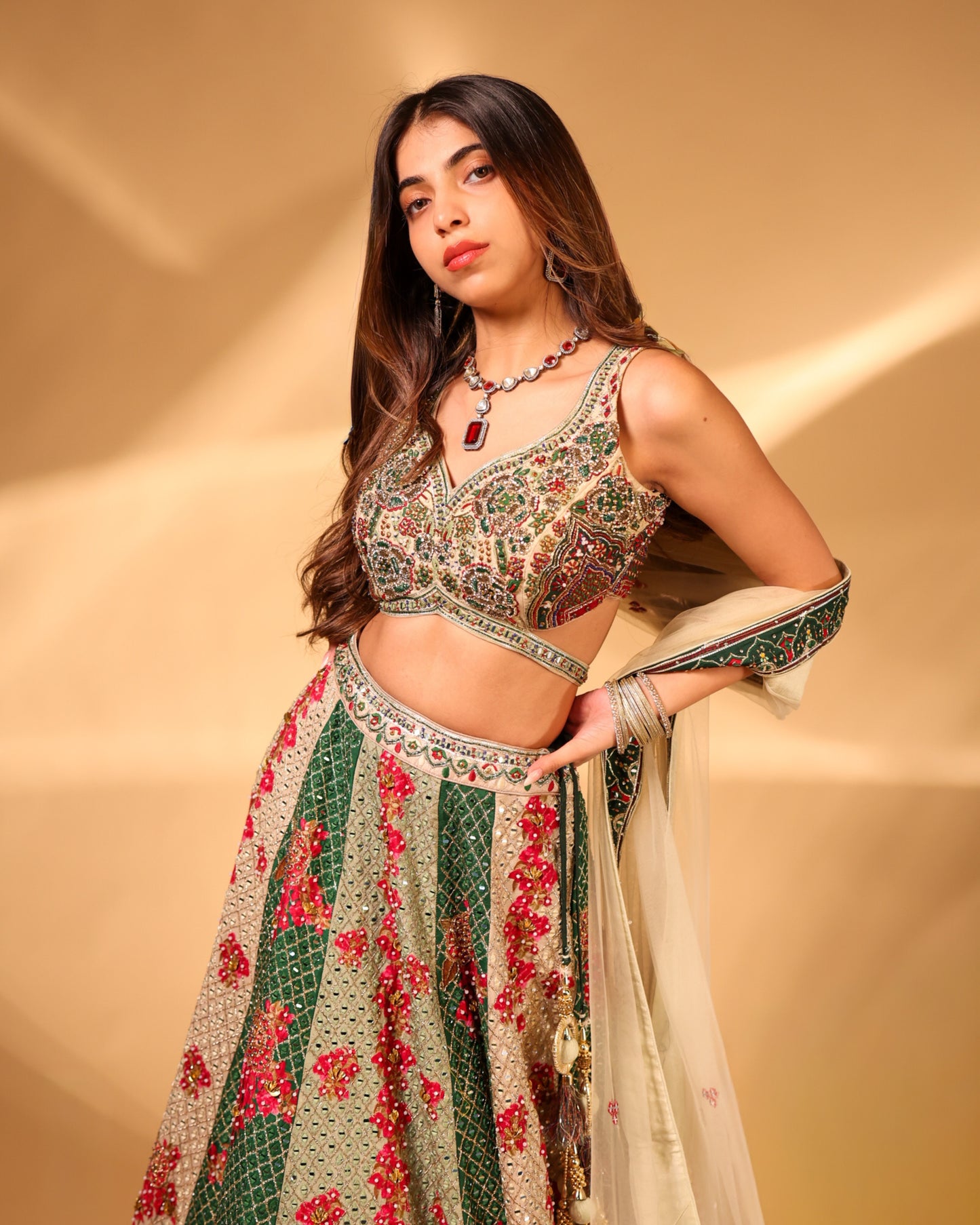 Emerald Green & Ivory Floral Mirror-Work Lehenga Choli