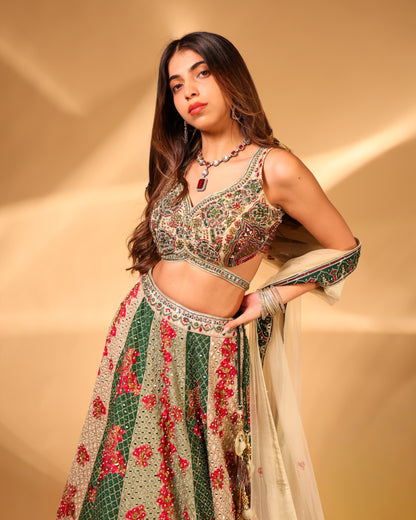 Emerald Green & Ivory Floral Mirror-Work Lehenga Choli