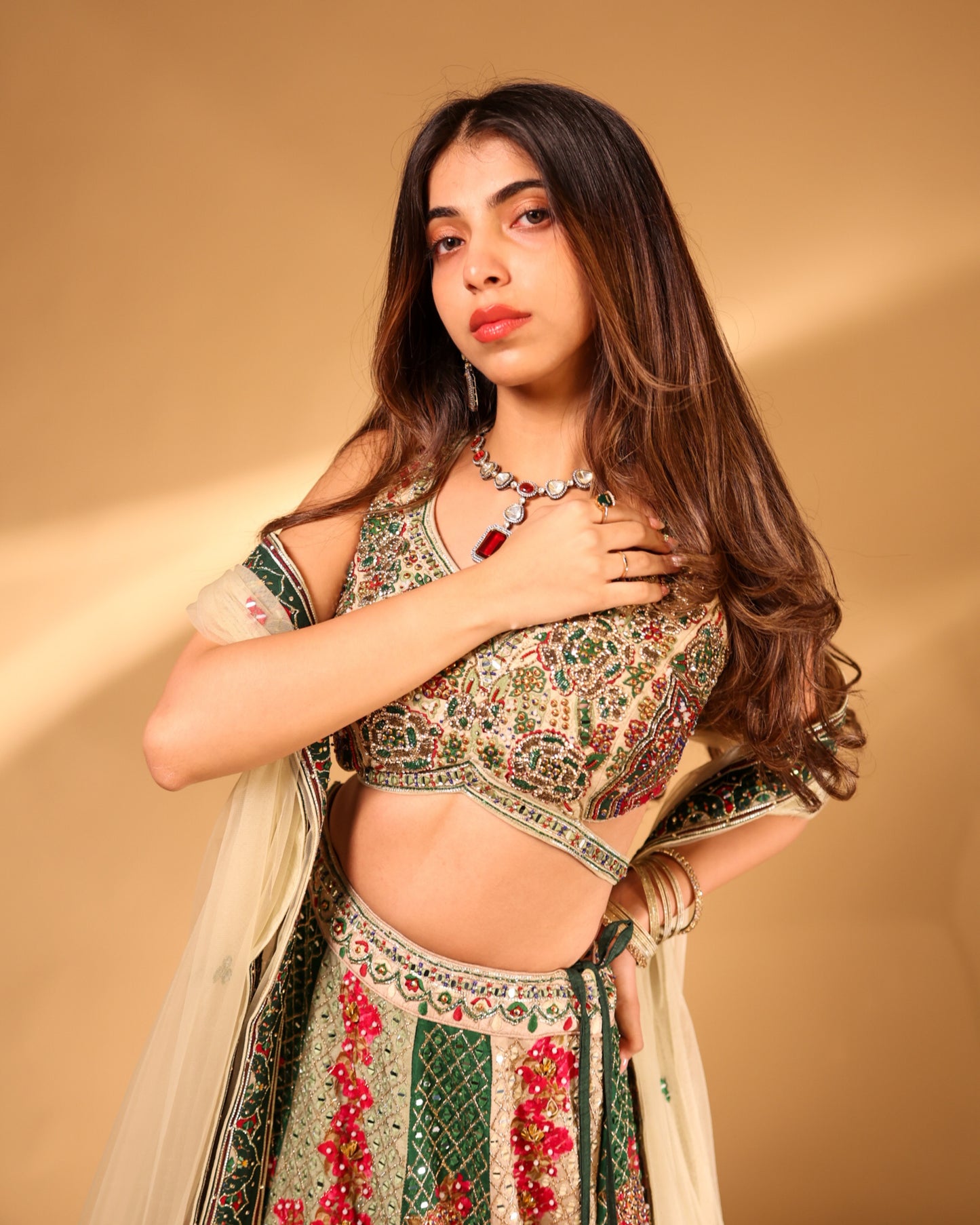 Emerald Green & Ivory Floral Mirror-Work Lehenga Choli